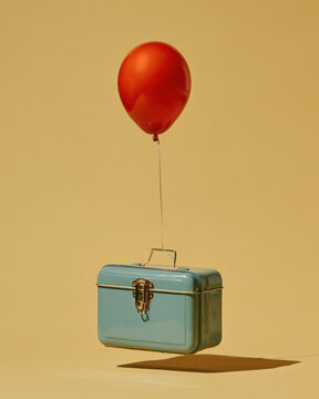 Red balloon lifting a retro blue metal case against a warm yellow background, creating a playful surreal concept of travel, freedom and imagination.