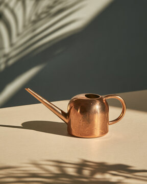Vintage copper watering can illuminated by warm sunlight with dramatic botanical shadows, creating an elegant minimalist gardening still life with generous copy space.