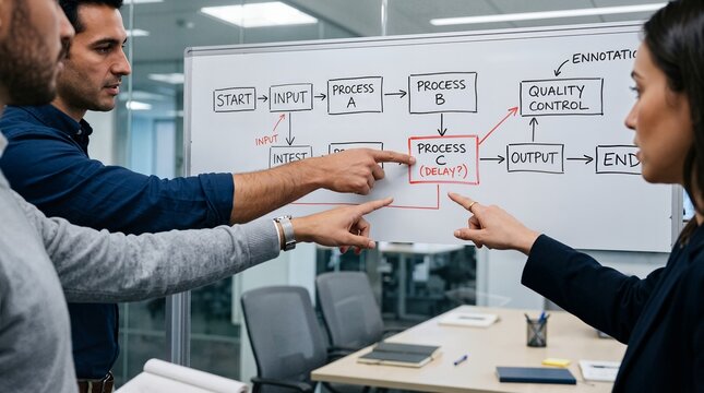 Diverse business team analyzing a flowchart on a whiteboard to identify process bottlenecks and optimize workflow in a modern office.