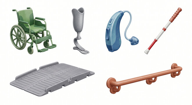 Set of Assistive Devices for People with Disabilities Including Wheelchair Prosthesis and Hearing Aid
