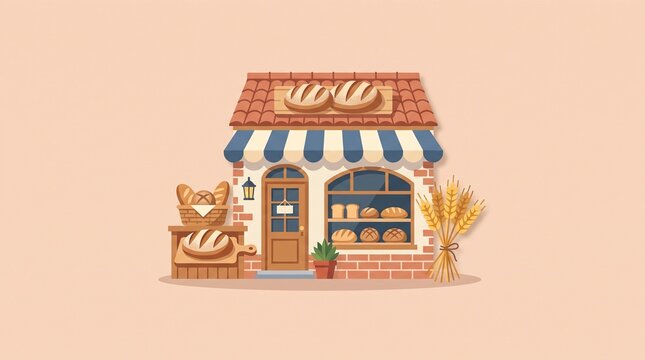 Artisan Bakery Icon with Fresh Sourdough Bread Wheat and Traditional Bakery Storefront on Pastel Beige Background