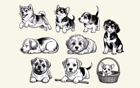 Collection of diverse puppies in various poses rendered in a detailed charcoal textured vector illustration style