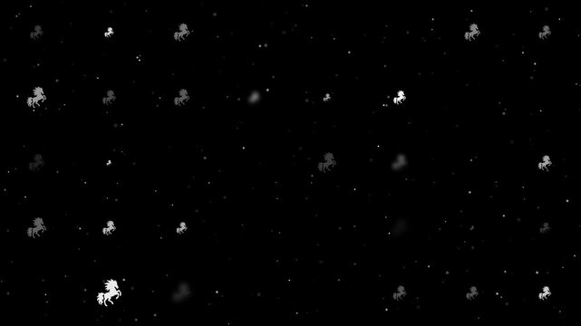 Template animation of evenly spaced fiery horse symbols of different sizes and opacity. Animation of transparency and size. Seamless looped 4k animation on black background with stars