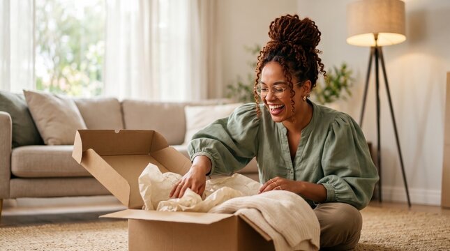 Happy young woman unpacking cardboard box after moving into new home.