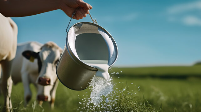fresh milk poured from bucket in a field with cow. Fresh milk pouring.