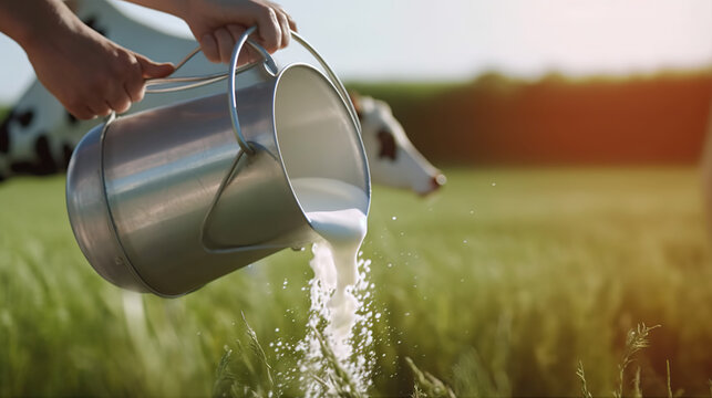 Fresh milk pouring from a metal jug into a green meadow, with a cow in the background.