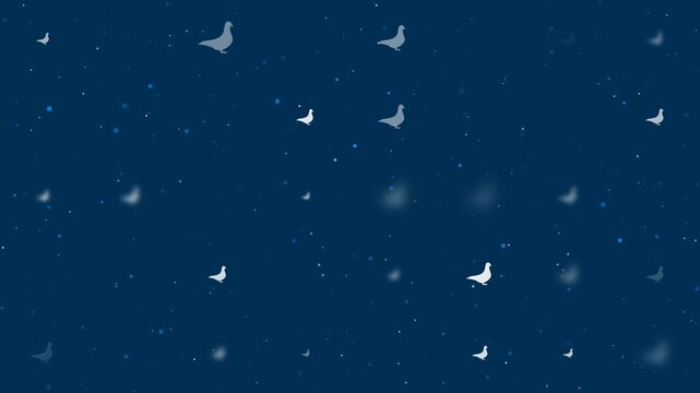 Template animation of evenly spaced bird pigeon symbols of different sizes and opacity. Animation of transparency and size. Seamless looped 4k animation on dark blue background with stars