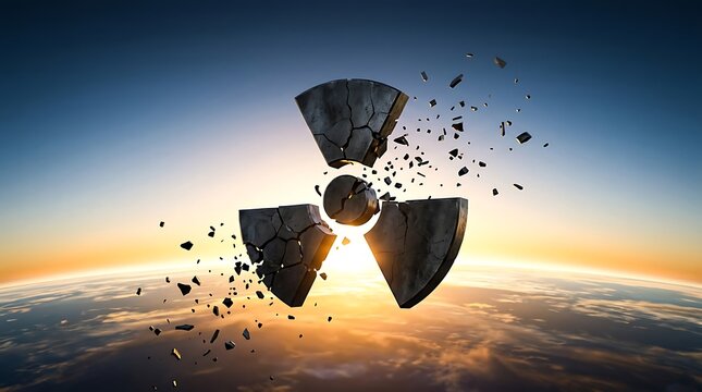 A crumbling radioactive symbol floating above the Earth in outer space at sunrise.
