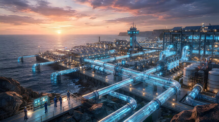 Obraz premium Port of Barcelona at Sunset and Night, Stunning Urban Skyline with Illuminated Architecture, Cityscape, Traffic Lights, Waterfront Panorama and Evening Travel Landscape