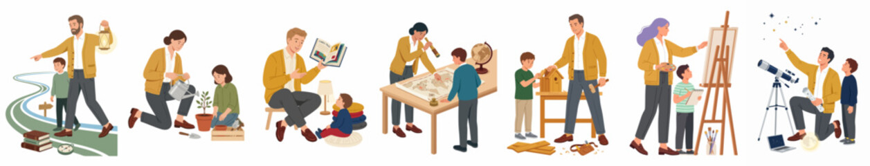 Obraz premium Collection of flat illustrations showing parents and children engaging in educational activities like gardening, painting, carpentry, geography, and astronomy.