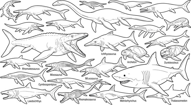 Prehistoric Marine Reptiles and Ancient Sea Creatures Line Art Vector Set for Paleontology Education, Ocean History Diagrams, and Creative Graphic Designs