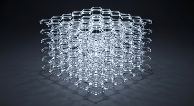 A3d rendered structure composed of interconnected glowing hexagonal wireframe grids forming a cube shape with bright nodes at each intersection, set against a dark gray background, with soft