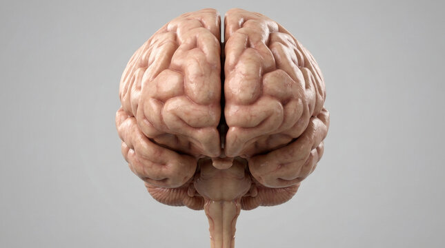 Detailed human brain anatomy viewed from front against neutral background