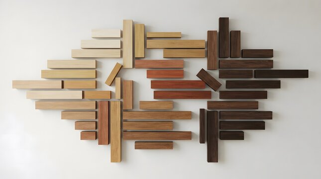 Abstract wooden sculpture featuring intersecting rectangular prisms in varying shades of brown and beige creating a dynamic and visually engaging composition