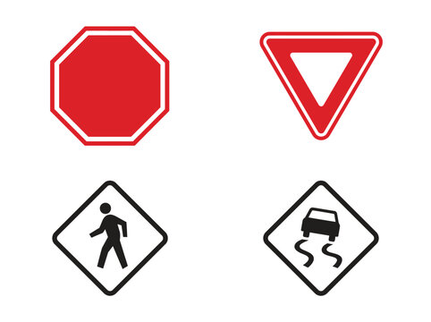 Set of road safety traffic sign icons with yield pedestrian crossing, icons