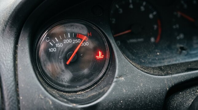 Car engine overheating gauge on dashboard. Red needle pointing to high temperature. Glowing red warning light on dusty instrument cluster