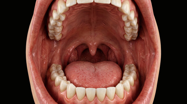 Detailed interior view of an open human mouth showing teeth and tongue