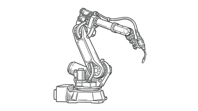 Industrial robotic arm line art illustration isolated on white background