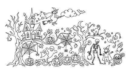 Fototapeta premium Halloween Cartoon Scene: Witch, Skeleton, Haunted House, Pumpkins, Ghosts