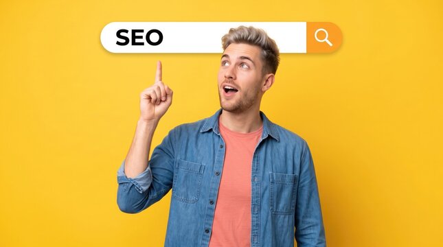SEO search bar photo of a young man pointing upwards against a yellow background