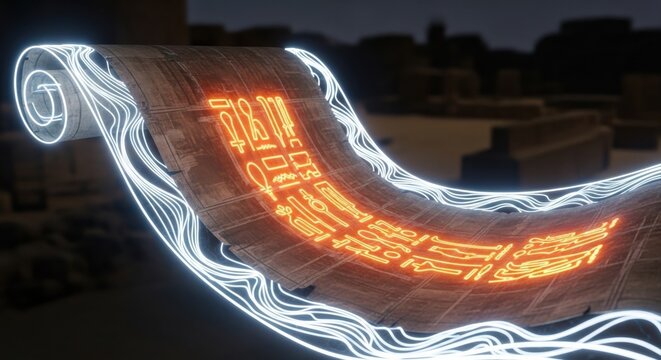 Ancient papyrus scroll unrolling with glowing orange egyptian hieroglyphics and flowing blue neon light trails, set against a dark blurred background, of stone ruins, in a mysterious atmosphere