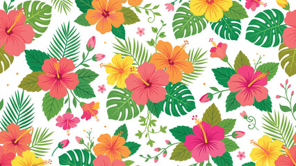 Seamless Tropical Hibiscus Floral Pattern Vector Background with Exotic Monstera and Palm Leaves for Summer Fashion Textiles and Wallpaper Designs © MdFahim