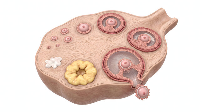 An educational 3D medical illustration of a human ovary cross-section, demonstrating the stages of the ovarian cycle. It details follicular development, mature Graafian follicle, ovulation, egg rel...