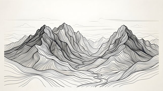 Handdrawn artistic illustration of mountain range landscape with flowing contour lines, minimalist sketch style on a light background