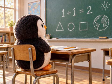 Cute Plush Penguin Facing a Classroom Chalkboard With Math