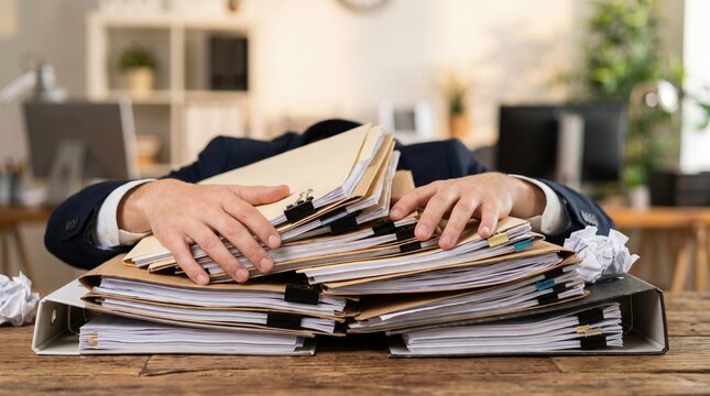 Overwhelmed employee buried under large stacks of paperwork and files in office environment