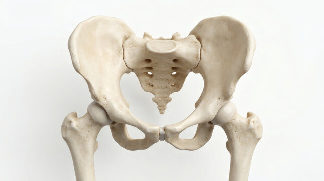 Human pelvis bone anatomy render with hip joints on white background