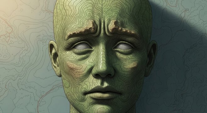 Close up portrait of a green human head with topographic map contour lines pattern on skin surface, surreal conceptual of a person with cartographic texture, abstract human face with geography