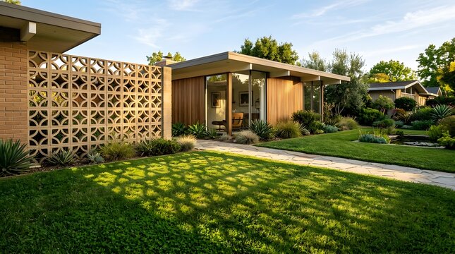 Mid-century modern residential home exterior with decorative breeze block wall and lush green lawn.
