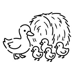 Fototapeta premium Cute Duck with Four Ducklings Near a Haystack Illustration