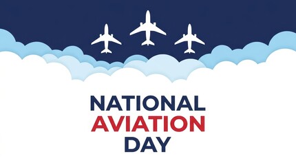 Obraz premium National aviation day celebration with three white airplanes flying high in the blue sky above fluffy clouds