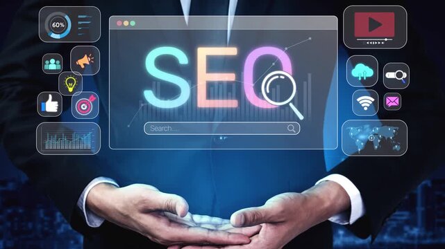 SEO concept for improving SEO visibility, with SEO related digital tools and SEO performance icons shown in an focused layout for strategic marketing. Muxer
