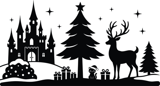 Magical Christmas Castle with Reindeer, Christmas Tree, and Presents Silhouette Vector