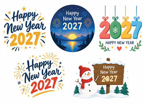 Adobe Illustrator ArtworkHappy New Year 2027 Celebration Badge and Label Vector Set