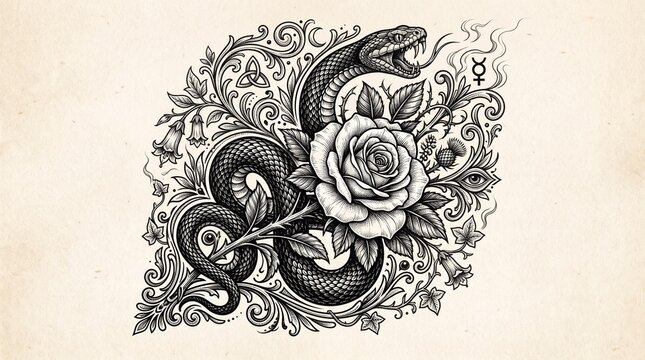 Ornamental Snake and Rose Tattoo Illustration with Intricate Black Ink Design