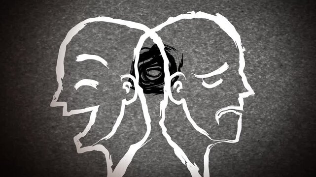 sad and happy silhouettes representing a man with bipolar disorder in sketch style