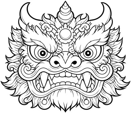 Intricate Balinese Rangda Mask Vector Illustration in Black Line Art Style