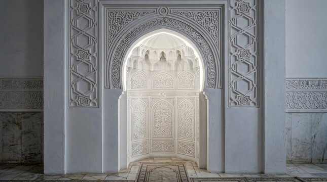 Intricate white marble mihrab niche inside a traditional Islamic mosque with detailed geometric carvings.
