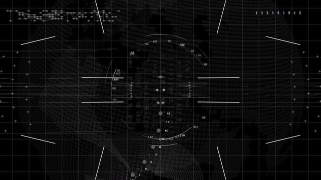 Futuristic radar scanner and targeting reticle overlay performing tracking and digital data visualization.