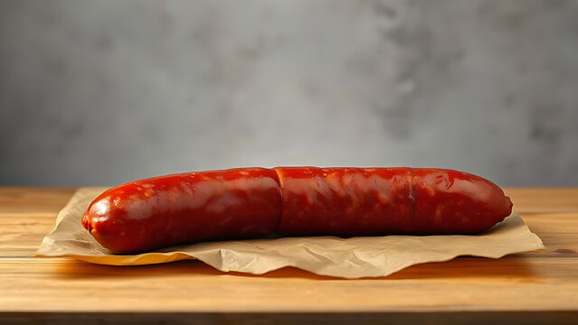 Whole red capicola sausage on brown butcher paper, rustic food presentation concept