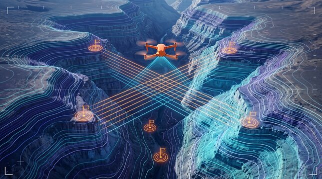 Tactical drone reconnaissance mission interface monitoring deep terraced ravine chasm with cross valley coordinate data paths and 3d digital topographic elevation wireframe contour mesh telemetry