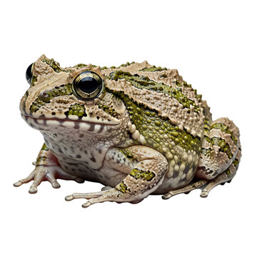 Detailed close-up portrait of a textured bumpy skin frog and amphibians species isolated on a clean white background for nature study