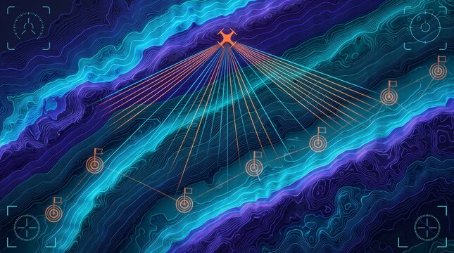 Tactical drone mission control interface scanning parallel horst and graben rift terraces on 3d digital topographic elevation contour wireframe mesh with multi point target acquisition telemetry