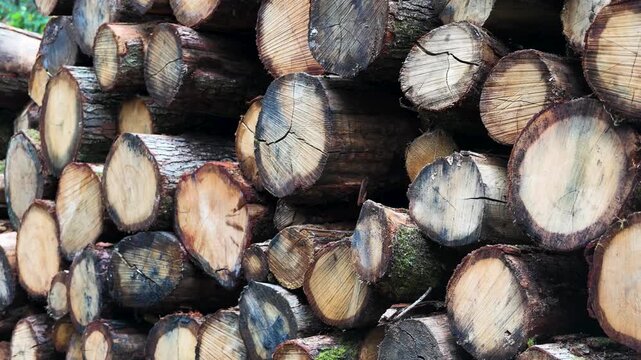 Detailed view of a large pile of cut tree trunks. The stacked lumber shows the annual rings, bark, and texture of the wood material