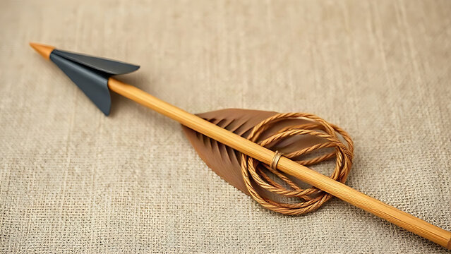 Traditional wooden arrow with metal arrowhead and feather fletching with coiled bowstring, archery equipment concept