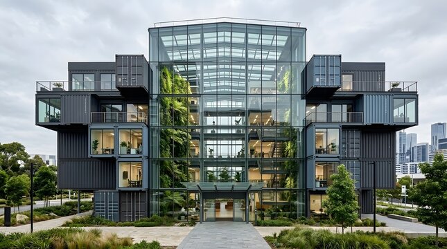 Modern sustainable office building with glass facade and vertical garden exterior design.